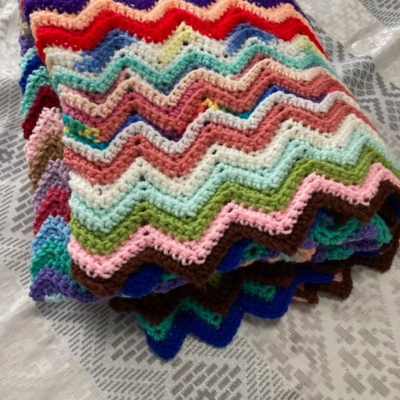 Handmade crochet Afghan/Blanket Zig Zag Multi-Colored Pattern. 60x60 - Picture 2 of 4